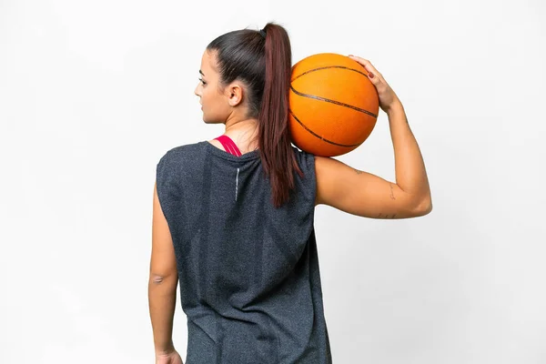 Giovane Donna Bellezza Sfondo Bianco Isolato Giocare Basket Posizione Posteriore — Foto Stock