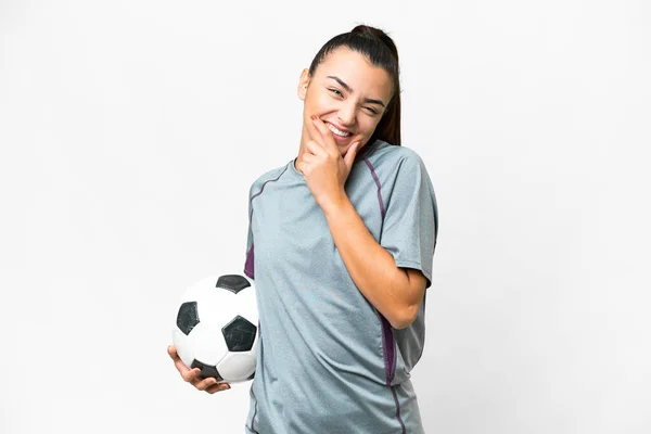 Joven Futbolista Mujer Sobre Fondo Blanco Aislado Feliz Sonriente — Foto de Stock