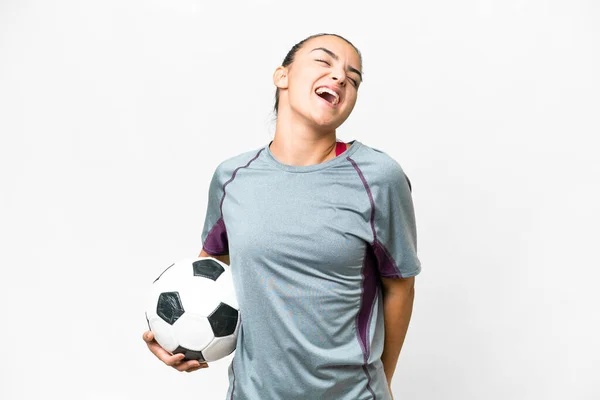 Jovem Jogador Futebol Mulher Sobre Isolado Fundo Branco Rindo — Fotografia de Stock