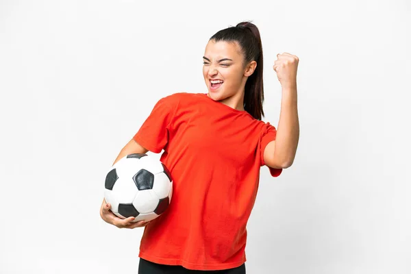 Mujer Belleza Joven Sobre Fondo Blanco Aislado Con Pelota Fútbol — Foto de Stock
