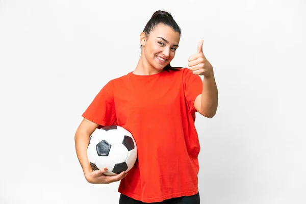 Young Beauty Woman Isolated White Background Soccer Ball Thumb — Stock Photo, Image