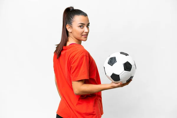 Ung Skönhet Kvinna Över Isolerad Vit Bakgrund Med Fotboll — Stockfoto
