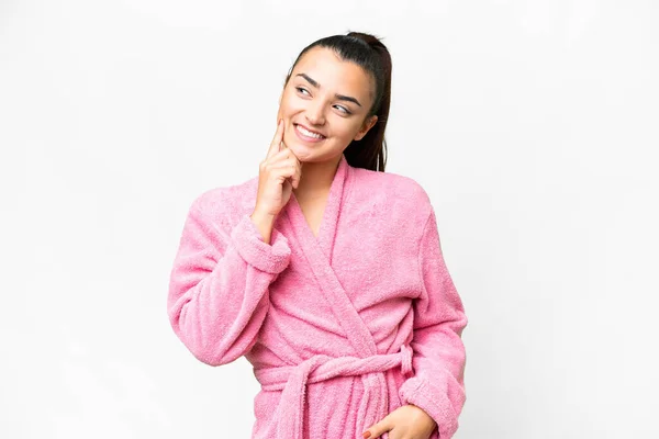 Young Woman Bathrobe Isolated White Background Thinking Idea While Looking — 스톡 사진