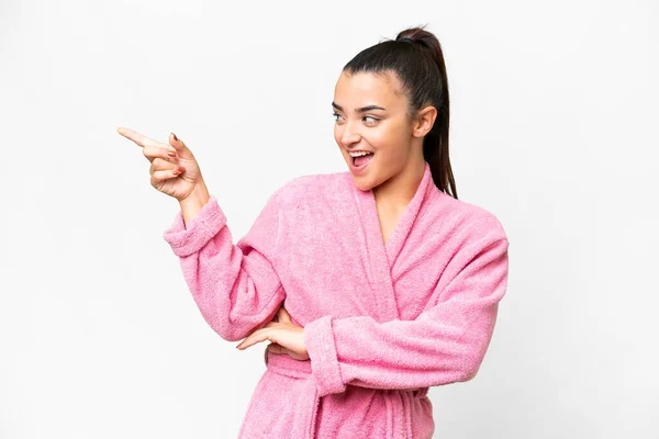 Young Woman Bathrobe Isolated White Background Pointing Finger Side Presenting — Fotografia de Stock