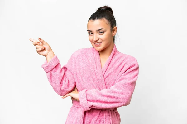 Young Woman Bathrobe Isolated White Background Pointing Finger Side — 스톡 사진