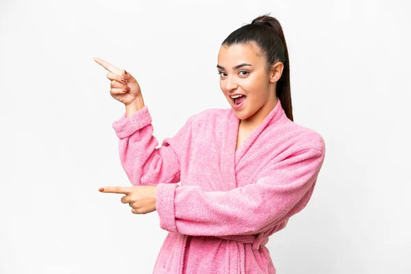 Young Woman Bathrobe Isolated White Background Pointing Finger Side Presenting — Fotografia de Stock