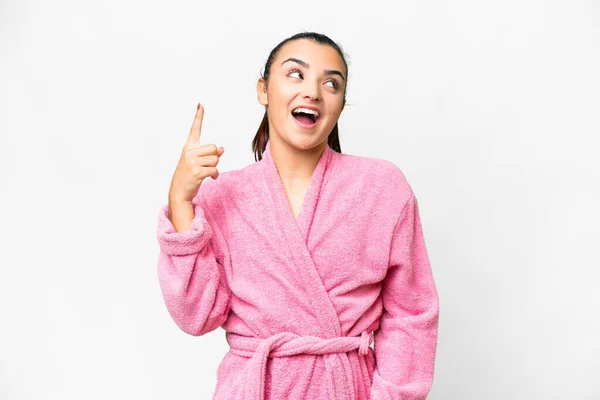 Young Woman Bathrobe Isolated White Background Pointing Surprised — Stock Photo, Image
