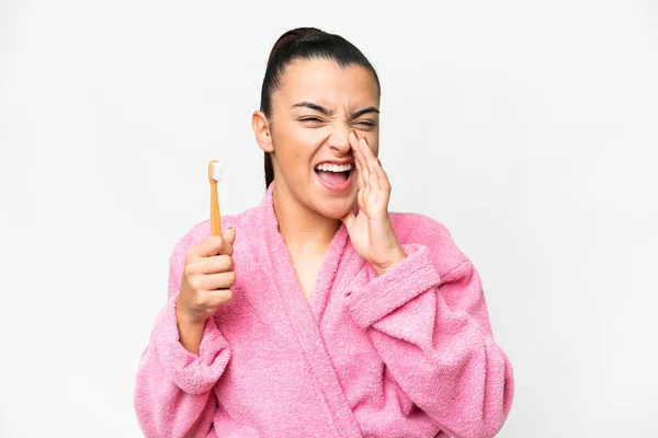 Young Woman Bathrobe Brushing Teeth Isolated White Background Shouting Mouth — Stock Photo, Image