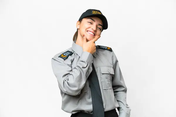 Mujer Salvaguardia Joven Sobre Fondo Blanco Aislado Sonriendo — Foto de Stock