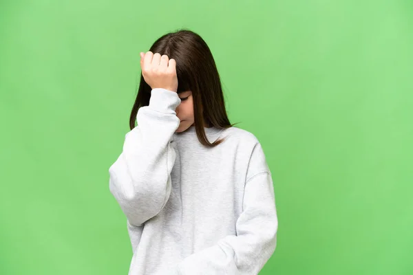 Little Girl Isolated Green Chroma Key Background Headache — Stock Photo, Image