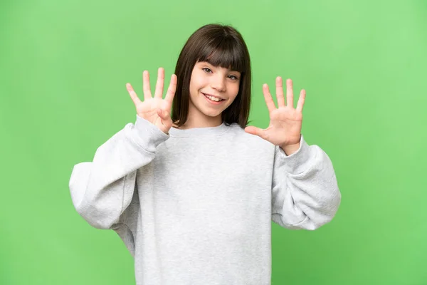 Little Girl Isolated Green Chroma Key Background Counting Nine Fingers — Stock Photo, Image