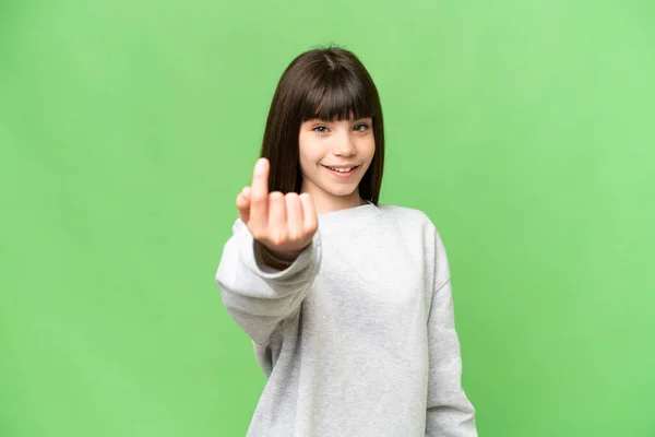 Kleines Mädchen Über Isoliertem Grünem Chroma Schlüsselhintergrund Macht Kommende Geste — Stockfoto
