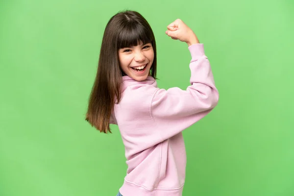 Little Girl Isolated Green Chroma Key Background Celebrating Victory — Stock Photo, Image
