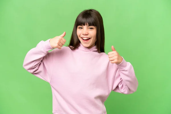 Little Girl Isolated Green Chroma Key Background Giving Thumbs Gesture — Stock Photo, Image