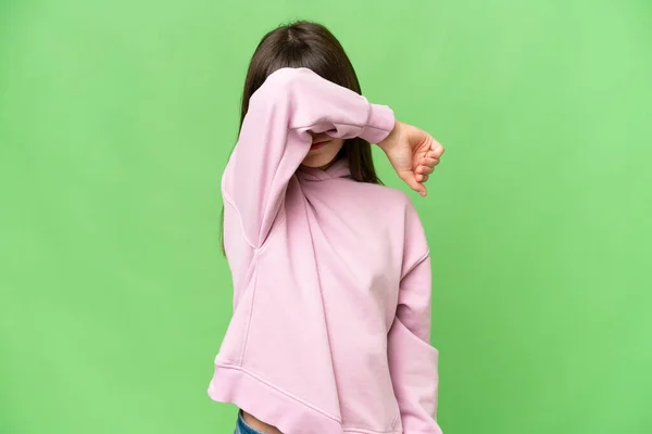 Little Girl Isolated Green Chroma Key Background Covering Eyes Hands — Stock Photo, Image