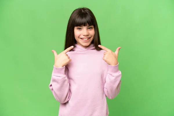 Little Girl Isolated Green Chroma Key Background Giving Thumbs Gesture — Stock Photo, Image
