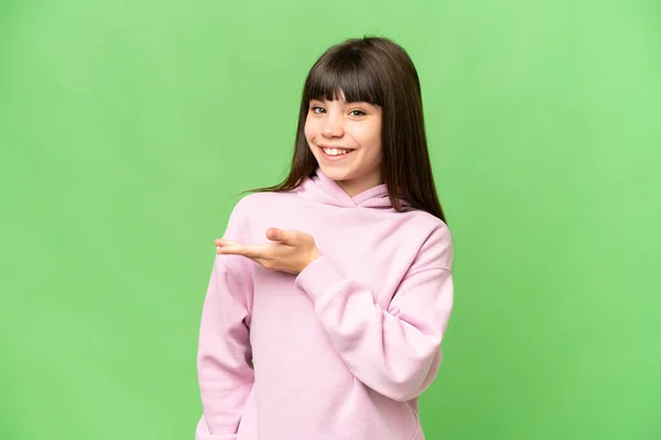Little Girl Isolated Green Chroma Key Background Presenting Idea While — Stock Photo, Image