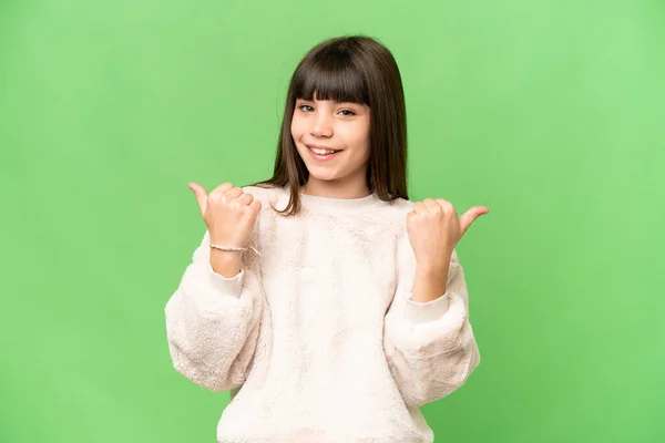 Little Girl Isolated Green Chroma Key Background Thumbs Gesture Smiling — Stock Photo, Image