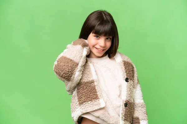 Kleines Mädchen Über Isolierten Grünen Chroma Schlüssel Hintergrund Lachen — Stockfoto
