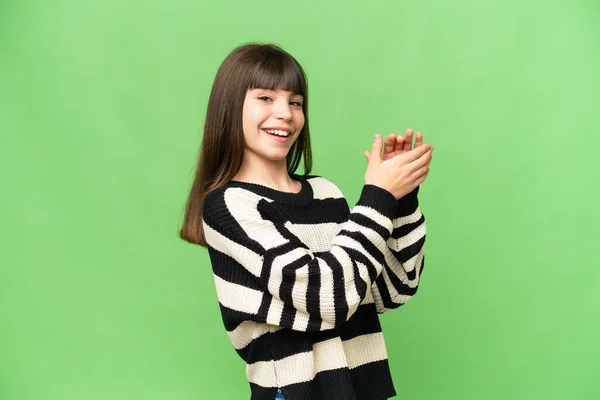 Little Girl Isolated Green Chroma Key Background Applauding — Stock Photo, Image