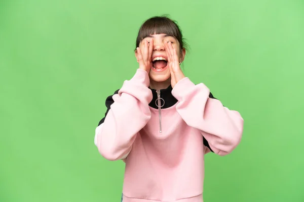 Little Girl Isolated Green Chroma Key Background Shouting Announcing Something — Stock Photo, Image