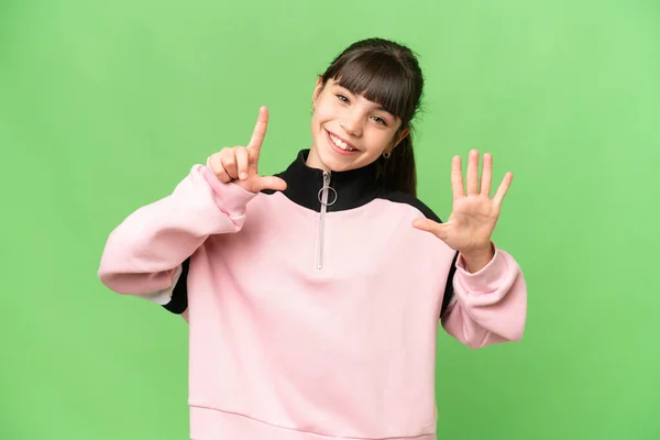 Little Girl Isolated Green Chroma Key Background Counting Seven Fingers — Stock Photo, Image