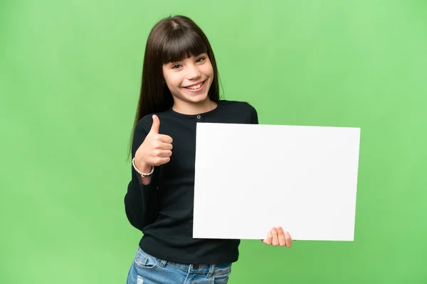 Mała Dziewczynka Odizolowanym Tle Klucza Chroma Trzymając Pusty Plakat Kciukiem — Zdjęcie stockowe