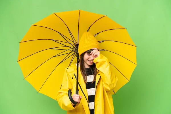 Little Girl Rainproof Coat Umbrella Isolated Chroma Key Background Laughing — Stock Photo, Image