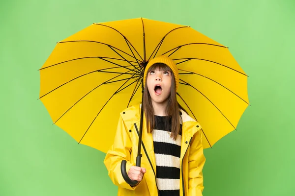 Little Girl Rainproof Coat Umbrella Isolated Chroma Key Background Looking — Stock Photo, Image