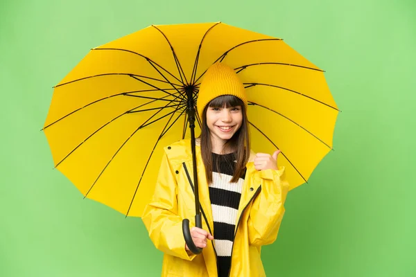 Little Girl Rainproof Coat Umbrella Isolated Chroma Key Background Pointing — Stock Photo, Image