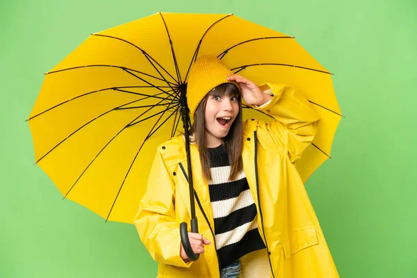 Little Girl Rainproof Coat Umbrella Isolated Chroma Key Background Doing — Stock Photo, Image