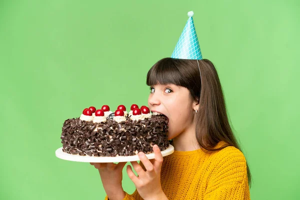 Little Girl Holding Birthday Cake Isolated Chroma Key Background — Stock Photo, Image