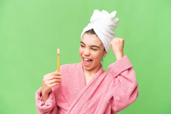 Menina Escovando Dentes Sobre Fundo Chave Croma Isolado Celebrando Uma — Fotografia de Stock