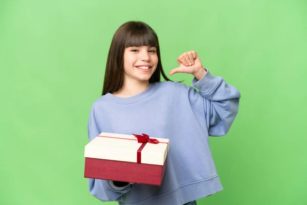 Little Girl Holding Gift Isolated Chroma Key Background Proud Self — Stock Photo, Image