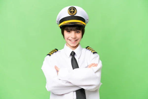 Bambina Come Pilota Aeroplano Sfondo Chiave Croma Isolato Mantenendo Braccia — Foto Stock