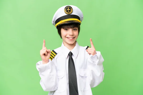 Menina Como Piloto Avião Sobre Fundo Chave Chroma Isolado Apontando — Fotografia de Stock