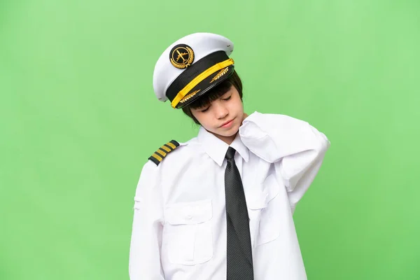 Kislány Mint Egy Repülőgép Pilóta Izolált Chroma Kulcs Háttér Nyakfájás — Stock Fotó