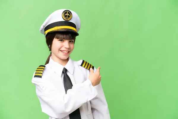 Bambina Come Pilota Aeroplano Sfondo Chiave Croma Isolato Puntando Indietro — Foto Stock