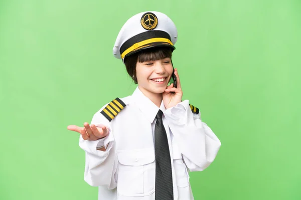 Bambina Come Pilota Aeroplano Sfondo Chiave Croma Isolato Mantenendo Una — Foto Stock
