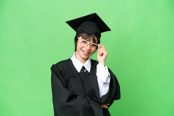 Little University Girl Isolated Background Glasses Happy — Stock Photo, Image