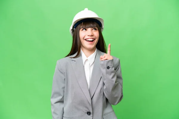 Klein Meisje Spelen Als Een Architect Met Helm Houden Blauwdrukken — Stockfoto