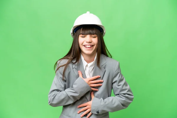 Kleines Mädchen Spielt Als Architektin Mit Helm Und Hält Baupläne — Stockfoto