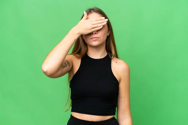 Young Blonde Woman Isolated Chroma Key Background Covering Eyes Hands — Stock Photo, Image