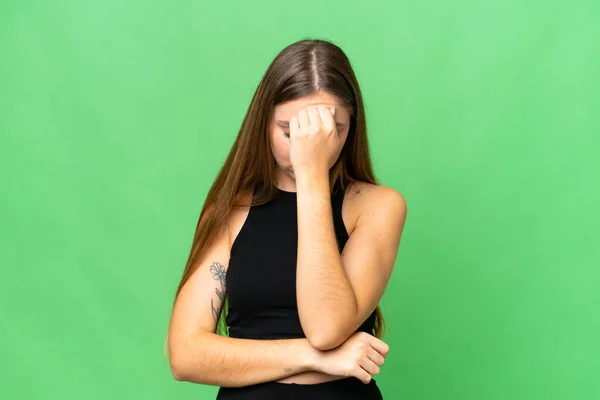 Junge Blonde Frau Über Isolierten Chroma Key Hintergrund Mit Kopfschmerzen — Stockfoto