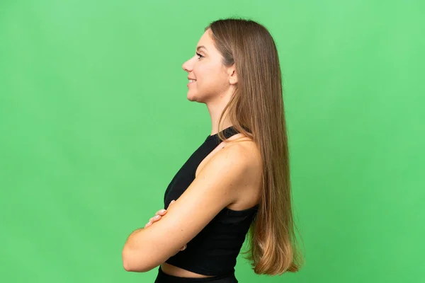 Young Blonde Woman Isolated Chroma Key Background Lateral Position — Stock Photo, Image