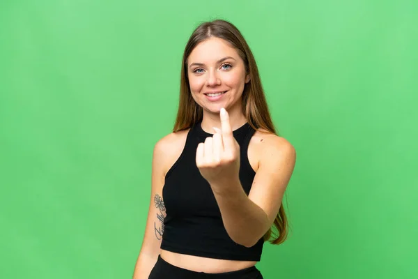 Young Blonde Woman Isolated Chroma Key Background Doing Coming Gesture — Stock Photo, Image
