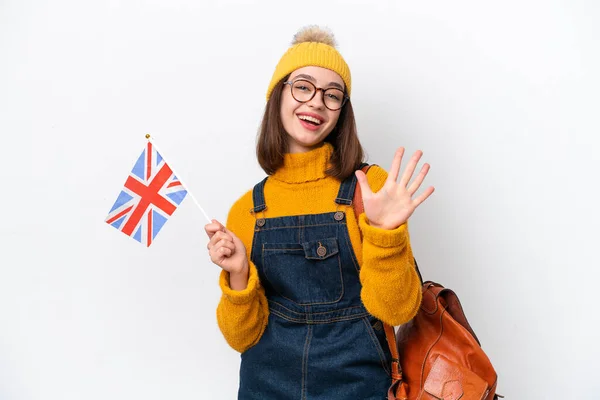 Молодая Украинка Флагом Великобритании Белом Фоне Пятеро Пальцами — стоковое фото