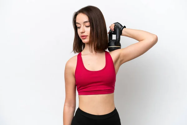 Young Ukrainian Woman Isolated White Background Making Weightlifting Kettlebell — Stock Photo, Image