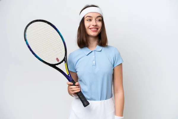 Joven Jugador Tenis Ucraniano Mujer Aislado Sobre Fondo Blanco Mirando — Foto de Stock