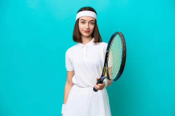 Νεαρή Ουκρανή Γυναίκα Απομονωμένη Μπλε Φόντο Παίζοντας Τένις — Φωτογραφία Αρχείου